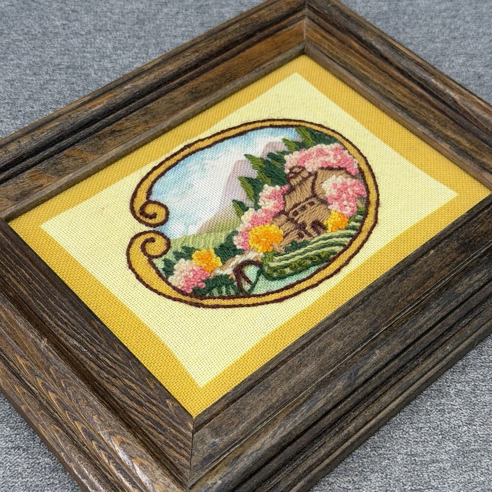 1970s Vintage Framed Crewel Embroidery Country Cottage Landscape River Mountains